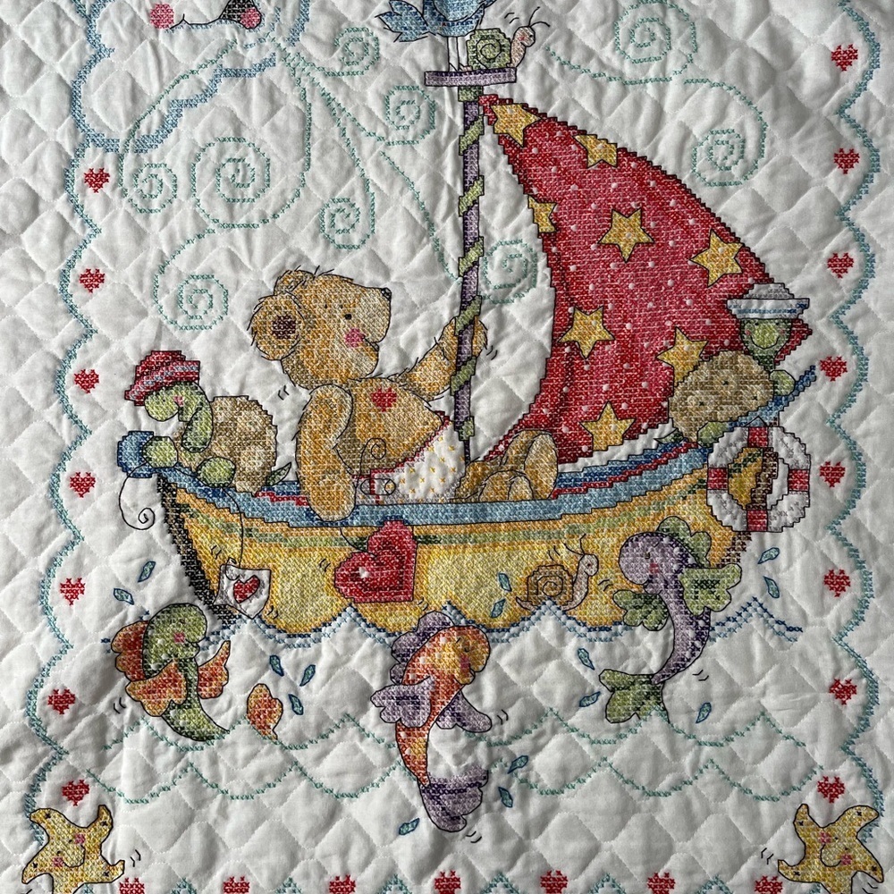 Quilted Embroidered Baby Blanket, Teddy Bear on Sailboat Design. White